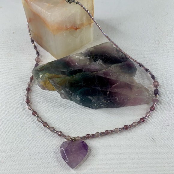 Purple Amethyst Crystal Heart Pendant Necklace Beaded Gemstone Long Delicate 23" - Picture 13 of 15